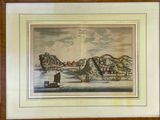 tableau représentant un bateau sur un plan d'eau, avec une montagne en arrière-plan