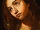 a painting of a woman with long hair and a red cape