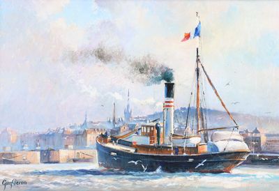 une peinture représentant un bateau sur l'eau d'où s'échappe de la fumée