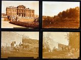 several old black and white photos of people and horses in front of a building