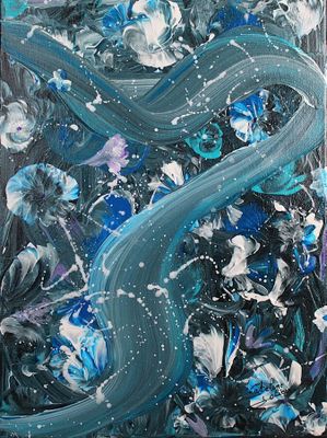 tableau représentant une rivière aux eaux bleues parsemée de fleurs blanches
