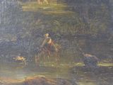 a painting of a man riding a horse in the woods