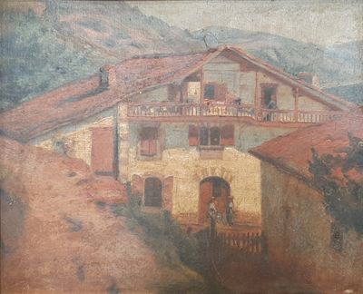 tableau représentant une maison avec un balcon, située sur une colline