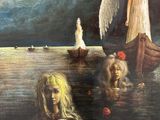 tableau représentant une femme dans un bateau, avec deux anges flottant dans l'eau