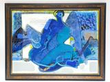 painting of a woman sitting in a blue chair with a bird on her shoulder