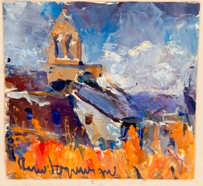 an oil painting of a church tower with a sky in the background