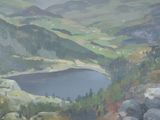 a painting of a mountain scene with a lake in the middle