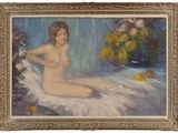 tableau représentant une femme nue assise sur un lit, avec des fleurs dans un vase
