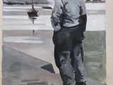 a painting of a man that is standing on the beach