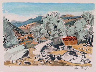 an image of a watercolor painting of a landscape with rocks and trees