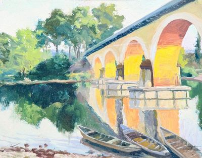 une peinture représentant un pont au-dessus d'une étendue d'eau