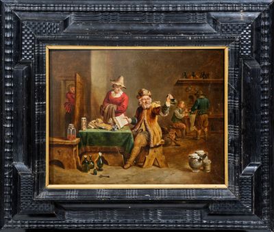 une peinture à l'huile représentant un groupe d'hommes jouant aux cartes dans une taverne