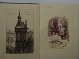 an open book with a drawing of a building and a picture of a castle