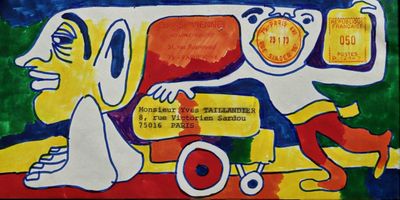 a painting of a bus with a man and a woman on it