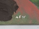 an oil painting of a black cat sitting on top of a green and red field