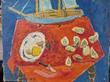 une peinture représentant une assiette de nourriture posée sur une table