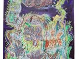 une peinture abstraite représentant un groupe d'animaux sur un fond violet