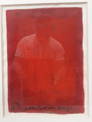 an image of a red painting with a man in a white shirt