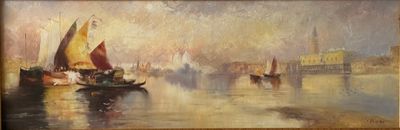 a painting of boats on the water with buildings in the background