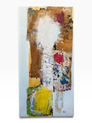 an abstract painting of a vase and a vase of flowers on a white surface