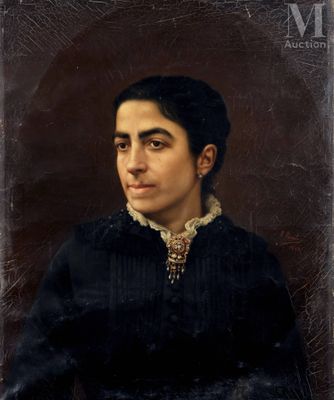 portrait of a woman in a black dress with a gold necklace