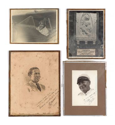 four framed photographs of a man in a car, a woman in a hat, and a man in a suit