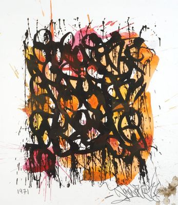 peinture abstraite réalisée à la peinture noire et rouge sur fond blanc