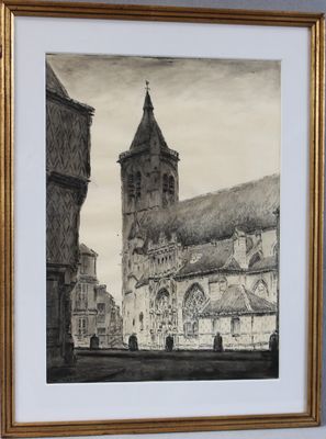 tableau représentant une vieille église avec un clocher en arrière-plan