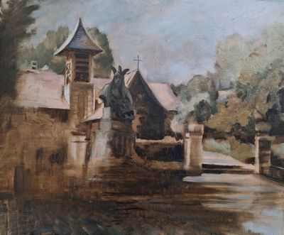 a painting of a church by the water with a clock tower