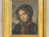 portrait of a young girl in a fur collar, in a gold frame