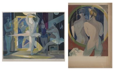 deux tableaux représentant un homme et une femme devant un miroir