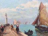 a painting of a group of people walking on a pier