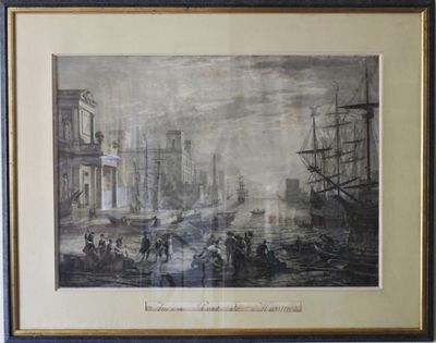 painting of a harbor scene with ships in the water and people on the shore
