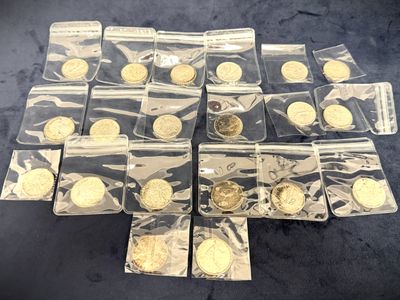 some of the gold coins are in plastic bags on a table