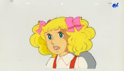 cellule d'animation représentant une fillette aux cheveux blonds avec un nœud rose