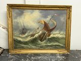 une peinture à l'huile représentant un voilier en pleine mer agitée, avec d'autres bateaux en arrière-plan