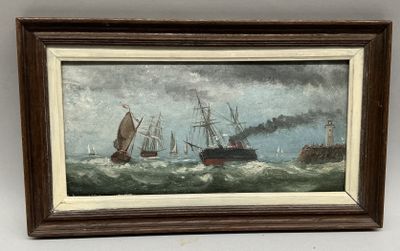 an oil painting of ships in the ocean with a lighthouse in the background