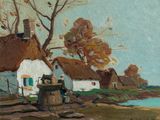 tableau représentant une scène de village avec un homme assis sur un tonneau au bord de l'eau