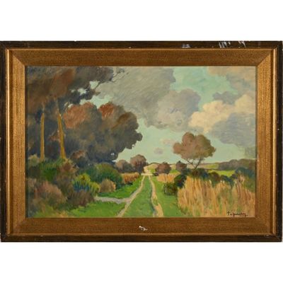 a painting of a landscape with trees and a road