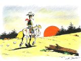 dessin représentant un homme à cheval dans un champ, avec un coucher de soleil en arrière-plan
