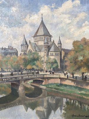 peinture d'un pont sur une rivière avec un château en arrière-plan