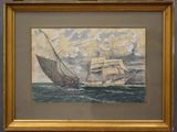 tableau représentant un voilier en pleine mer, avec des nuages en arrière-plan