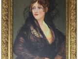 portrait of a woman in a black shawl by a gold frame