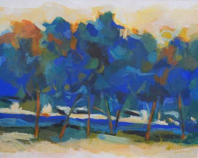 painting of a painting of trees in a field with water in the background
