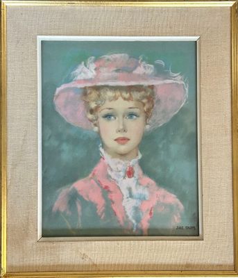 painting of a woman in a pink hat and pink dress