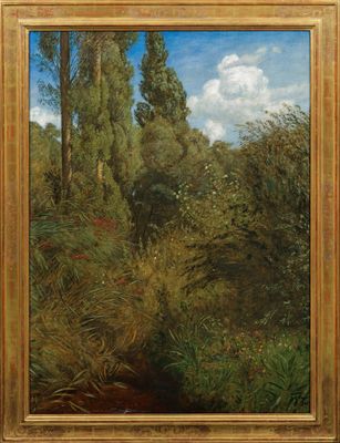 a painting of a wooded landscape with trees and bushes