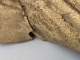 a close up of a piece of gold on a white surface