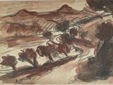 drawing of a man riding a horse drawn carriage in a mountainous landscape