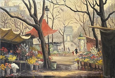 un tableau représentant une scène de rue avec beaucoup de fleurs