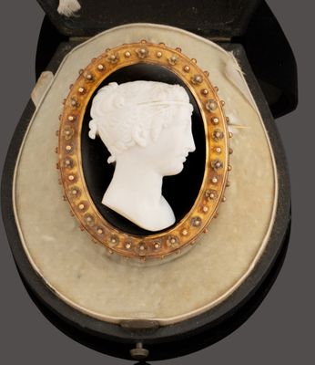 a black and white picture of a woman ' s head in a gold frame
